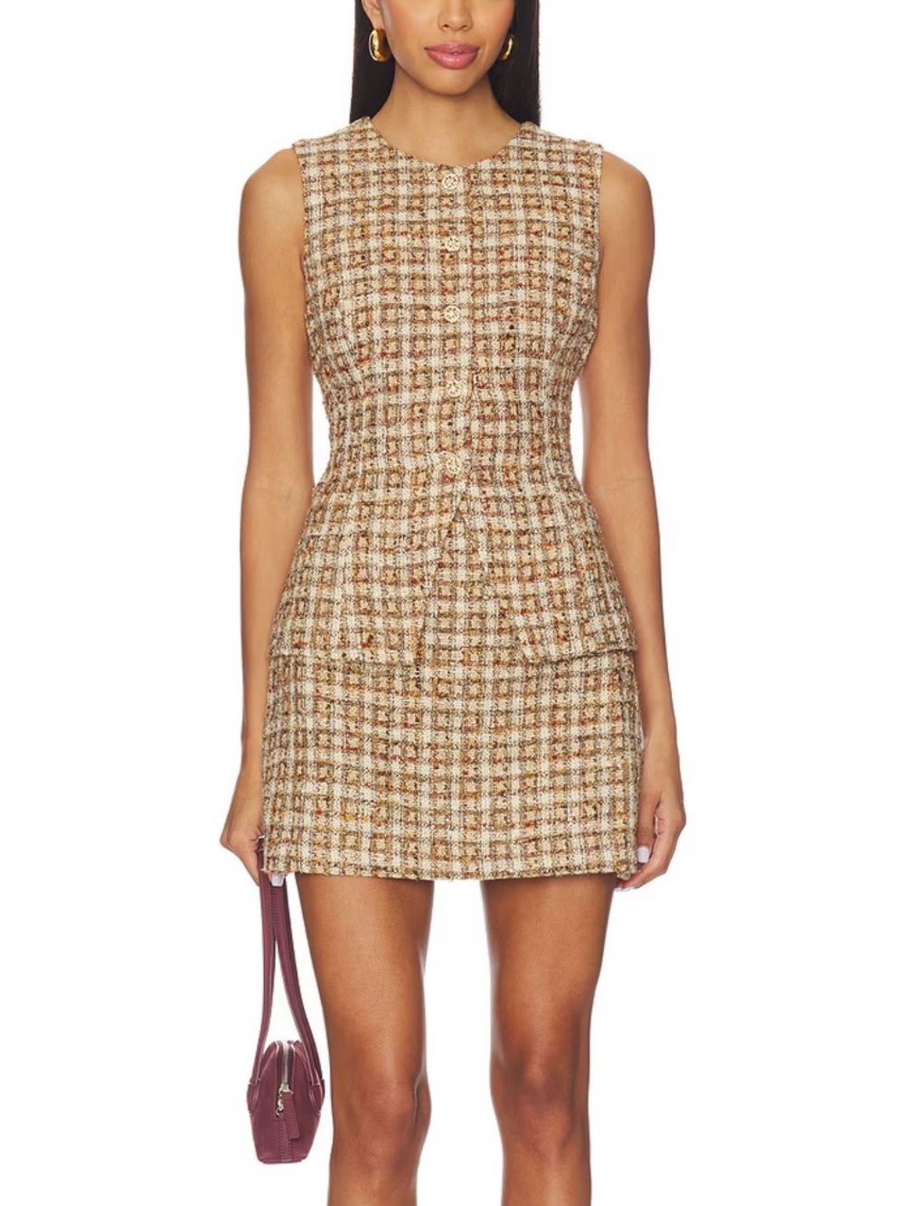 Astr Beige Plaid Sleeveless Tweed Mini Dress